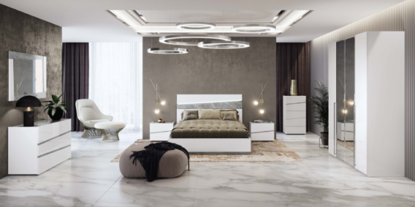 Chambre à coucher italienne ALBA laquée blanc et marbre de carrare